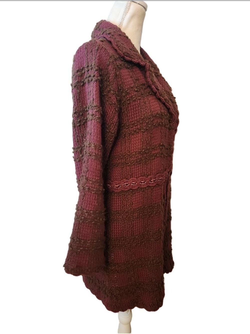 Vintage-Style Longline Knit Duster Cardigan - Plum & Brown Textured Empire Waist - Picture 11 of 15